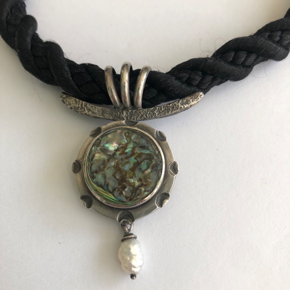 Signed Taurus Sterling Silver Abalone Pendant Necklace Pearl Artisan Cord - Picture 3 of 8